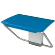 A blue shower bench with a silver metal frame and support block, shown on a plain white background.
