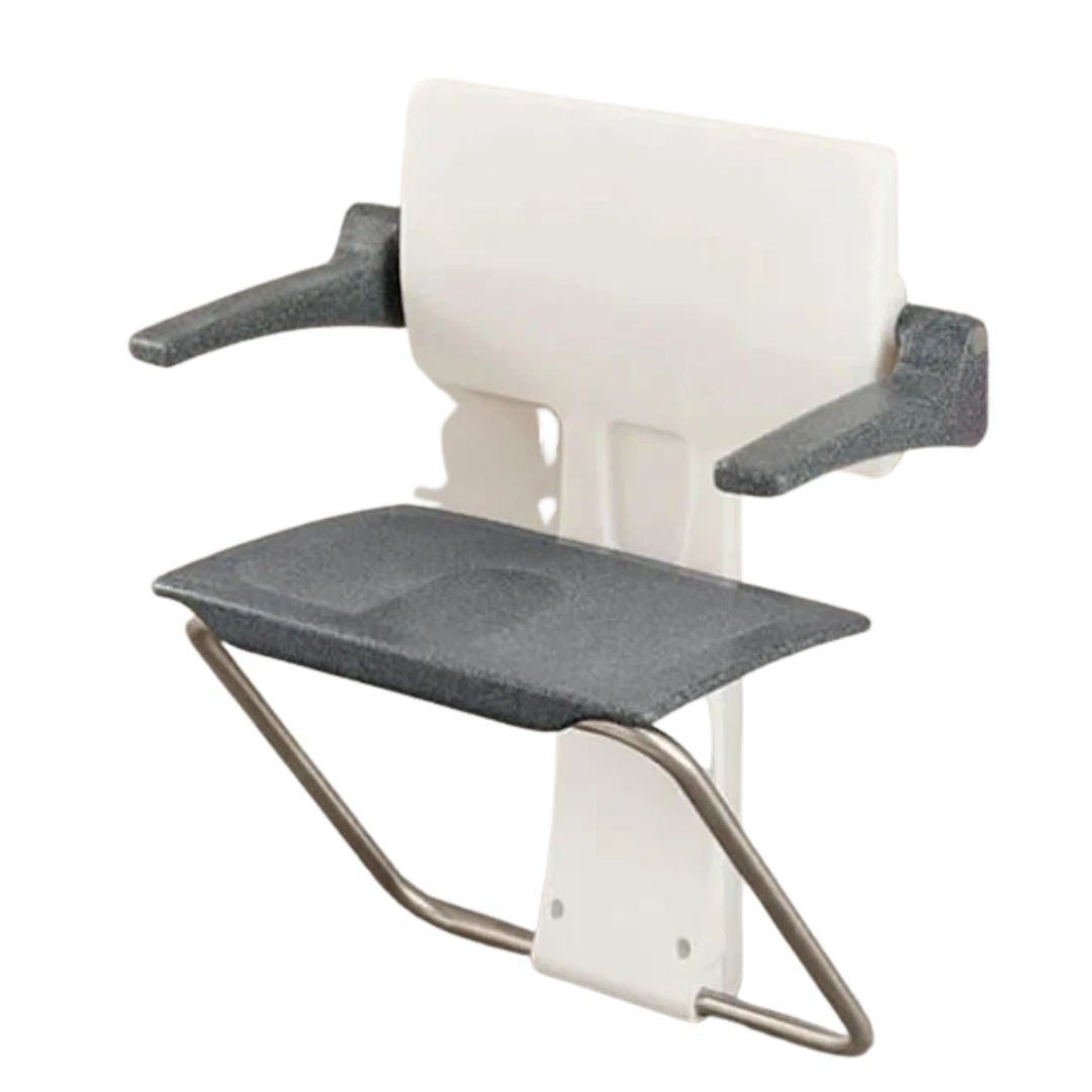 A wall-mounted shower seat with a white plastic backrest, dark grey armrests and seat, and a silver metal support frame, shown against a plain white background.