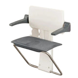 A wall-mounted shower seat with a white plastic backrest, dark grey armrests and seat, and a silver metal support frame, shown against a plain white background.
