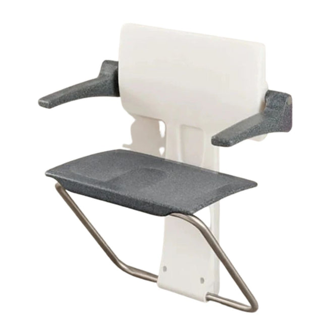 A wall-mounted shower seat with a white plastic backrest, dark grey armrests and seat, and a silver metal support frame, shown against a plain white background.