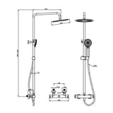 Technical drawing of a shower system with various components and measurements.