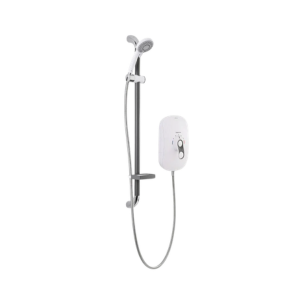 Shower head with handheld shower and control panel on a white background
