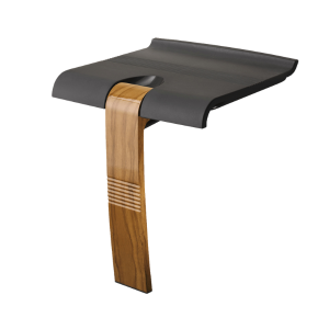 Black shower seat with wooden leg on a white background