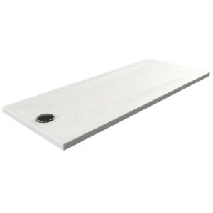 White rectangular shower tray with a central black circular feature on a white background