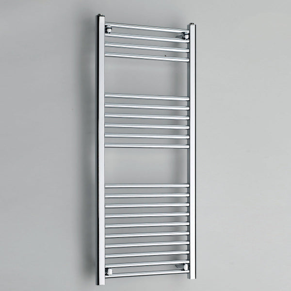 Chrome towel radiator on a gray wall