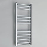 Chrome towel radiator on a gray wall
