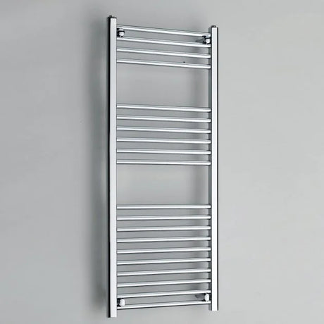 Chrome towel radiator on a gray background