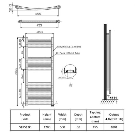 Technical drawing and dimensions of a radiator with product code STR512C.