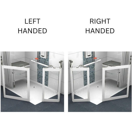A side-by-side comparison showing a shower tray installed in a bathroom, labeled 'LEFT HANDED' on the left and 'RIGHT HANDED' on the right. The image demonstrates how the shower tray aligns with the bathroom layout for left- and right-handed configurations.