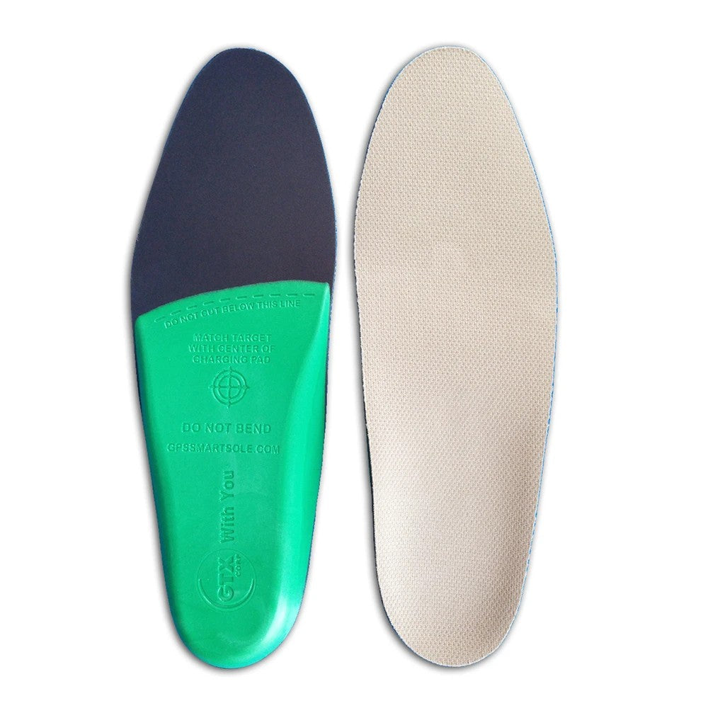 A pair of custom shoe insoles shown side-by-side on a white background, with the left insole displaying a bright green and dark navy blue underside and the right insole showing a beige textured top surface.