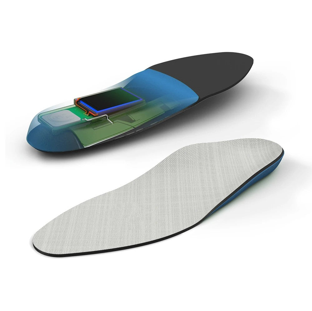 An insole shown from two angles: a top-down view displaying a built-in electronic sensor module, and a side profile view showing the textured gray surface and blue edge.