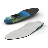 An insole shown from two angles: a top-down view displaying a built-in electronic sensor module, and a side profile view showing the textured gray surface and blue edge.