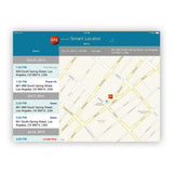 A screenshot of a GPS tracking or location-sharing app interface displayed on a tablet screen, showing a map with a red pin and a left-side status list. The tablet is centered on a light gray background.