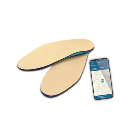 Two beige shoe insoles with dark blue edges, shown next to a smartphone displaying a mapping app on a plain white background.
