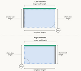 Diagram showing dimensions for left-handed and right-handed door designs.
