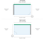 Diagram showing measurements for left-handed and right-handed door designs.