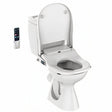 A white bidet toilet with the lid and seat raised, shown on a plain white background with a small wall-mounted remote control to the left.