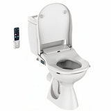 A white bidet toilet with the lid and seat raised, shown on a plain white background with a small wall-mounted remote control to the left.