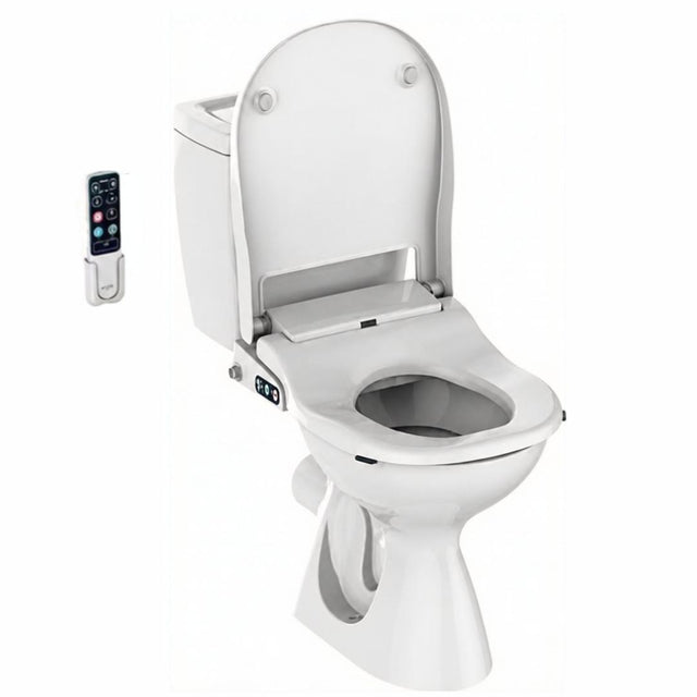 A white bidet toilet with the lid and seat raised, shown on a plain white background with a small wall-mounted remote control to the left.