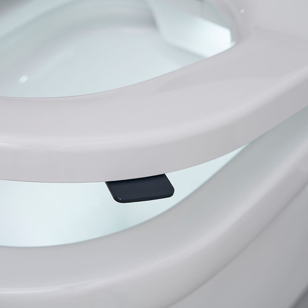 Close-up of a white toilet seat with a small black seat lugs positioned underneath the rim.