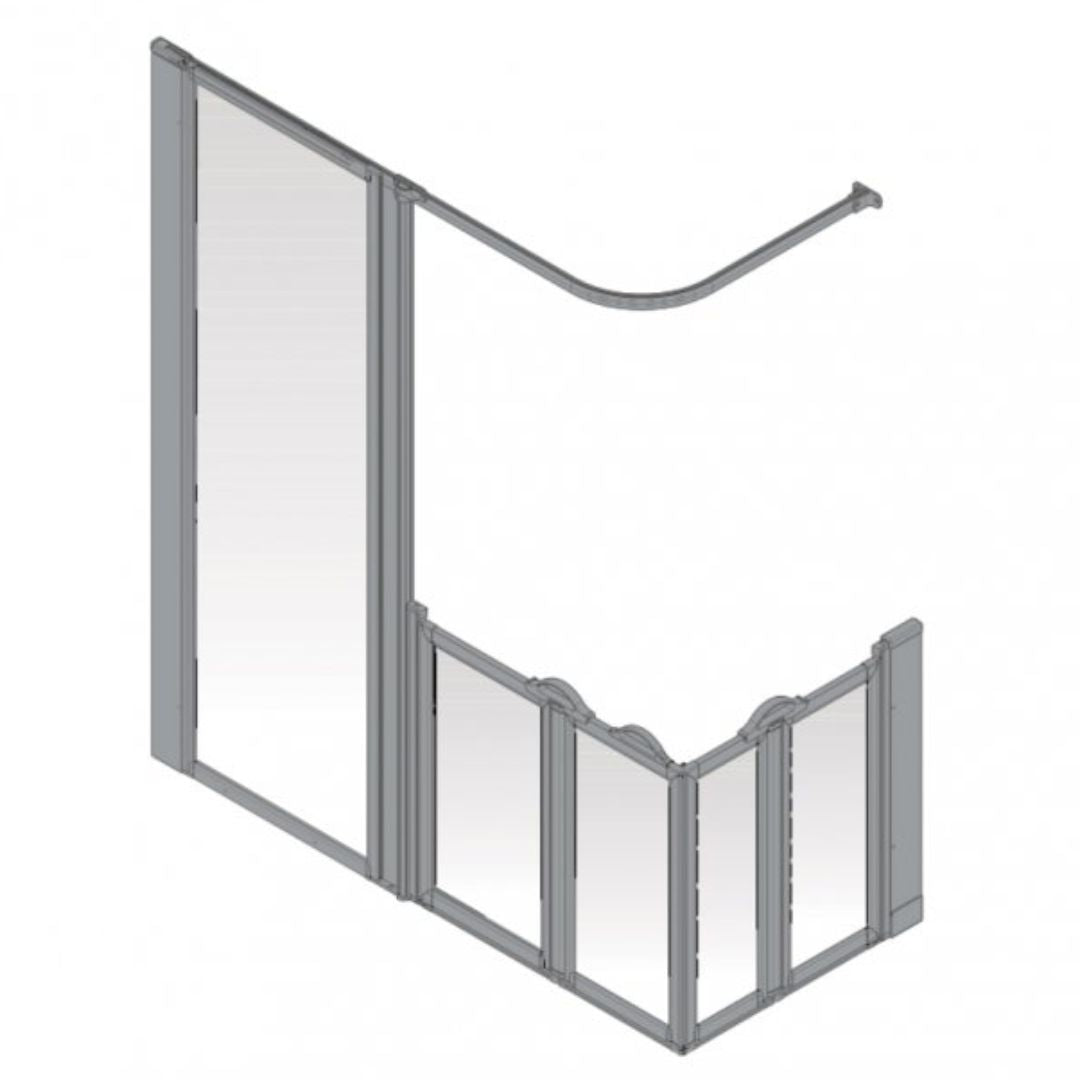 A modular shower screen enclosure with a gray frame and clear glass panels, shown in an isometric 3D view on a plain white background.