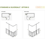 Technical dimension diagram for a folding shower screen, showing left-handed and right-handed installation options with labelled measurements and line drawings on a white background.
