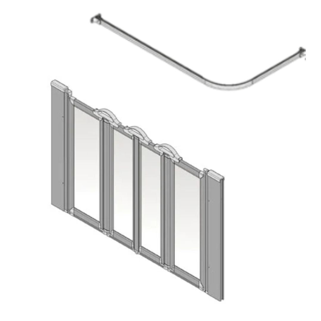 A 3D rendering of a shower screen with a curved overhead rail, shown against a plain white background.