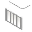 A 3D rendering of a shower screen with a curved overhead rail, shown against a plain white background.