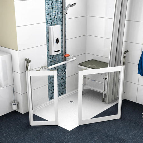 White shower door frame with two glass panels installed in a tiled bathroom shower area, wiht whote shower tray and a shower seat.