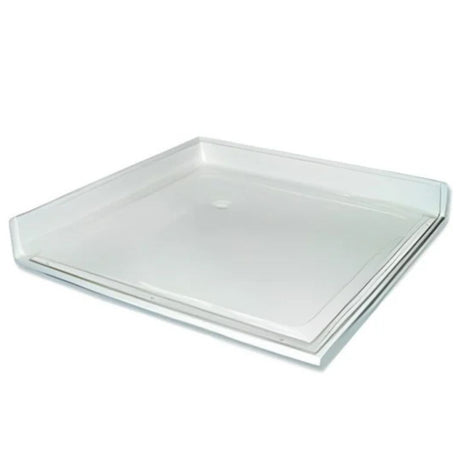 A square white shower tray with a low-profile rim and a central drain hole, shown at an angle on a white background.