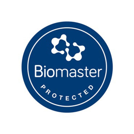 A circular blue and white Biomaster Protected logo on a plain white background.