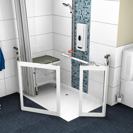 A white-framed shower door with two front panels and a bottom latch, installed in a tiled bathroom next to a walk-in shower area with a blue mosaic accent wall.