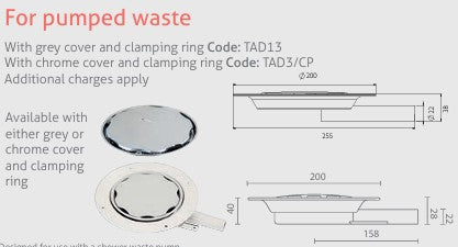 Technical drawing of a shower waste with dimensions and code information.
