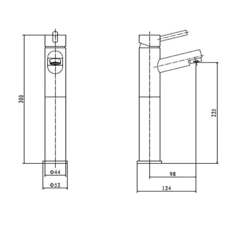 Technical drawing of a faucet with dimensions
