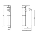 Technical drawing of a faucet with dimensions