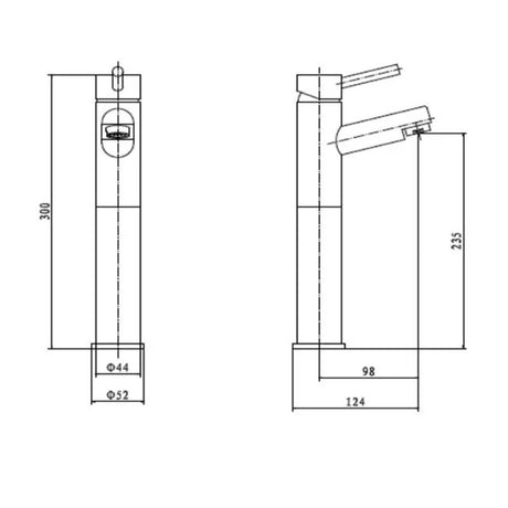 Technical drawing of a faucet with dimensions