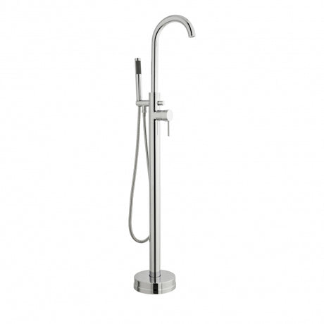 Chrome freestanding bathtub faucet with handheld shower on a white background