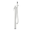 White freestanding bathtub filler with handheld shower on a white background