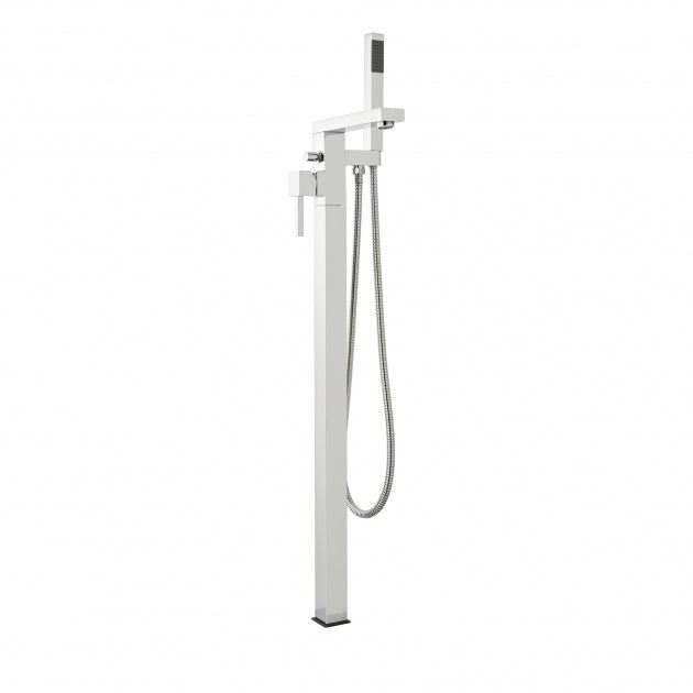 White freestanding bathtub filler with handheld shower on a white background