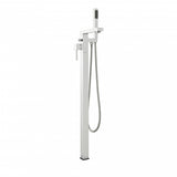 White freestanding bathtub filler with handheld shower on a white background