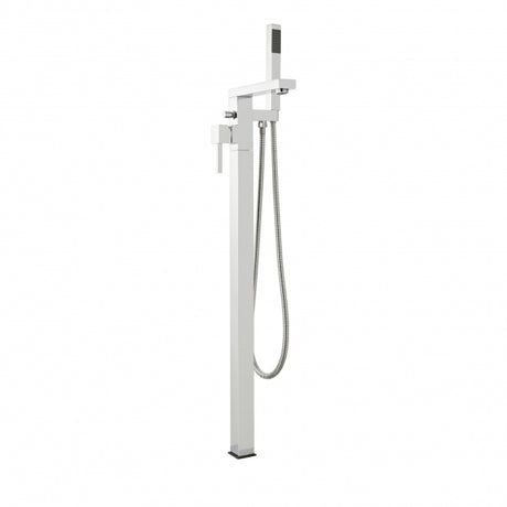 White freestanding bathtub filler with handheld shower on a white background