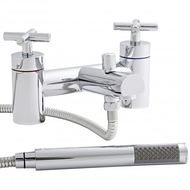 Chrome bathtub faucet with handheld shower head on a white background