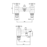 Technical drawing of plumbing fixtures with dimensions on a white background