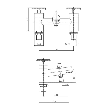 Technical drawing of plumbing fixtures with dimensions on a white background