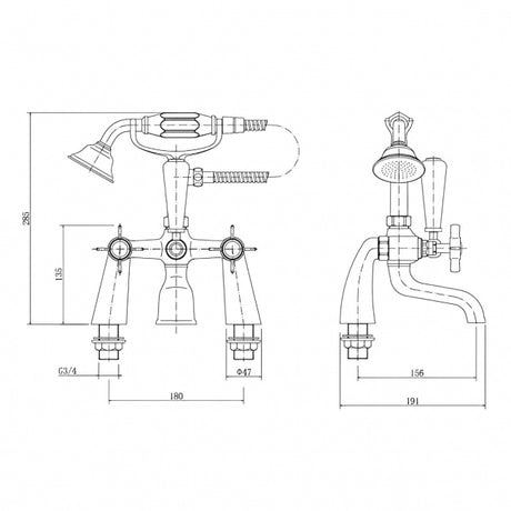 Technical drawing of a shower faucet with dimensions on a white background