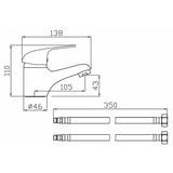 Technical drawing of a faucet with dimensions labeled