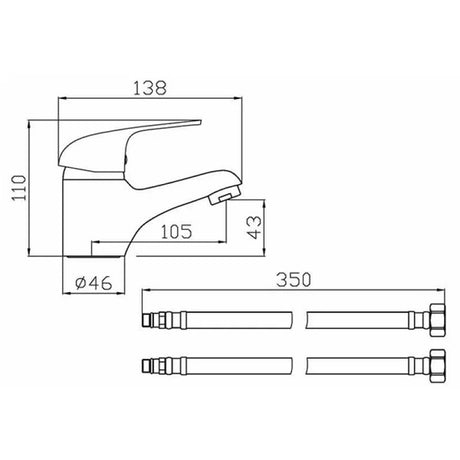 Technical drawing of a faucet with dimensions labeled