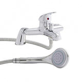 Chrome shower set with handheld shower head and flexible hose on a white background