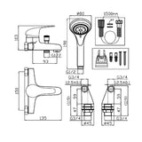 Technical drawing of a bathroom faucet set with dimensions