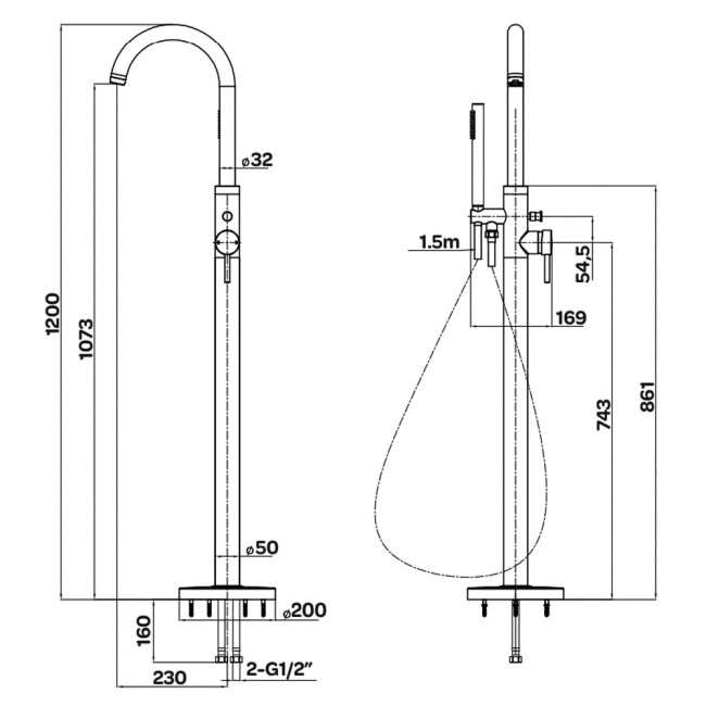 Technical drawing of a shower system with dimensions